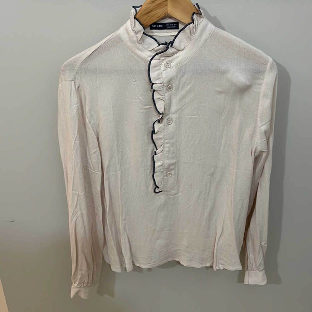 Ruffle neck oatmeal color blouse
